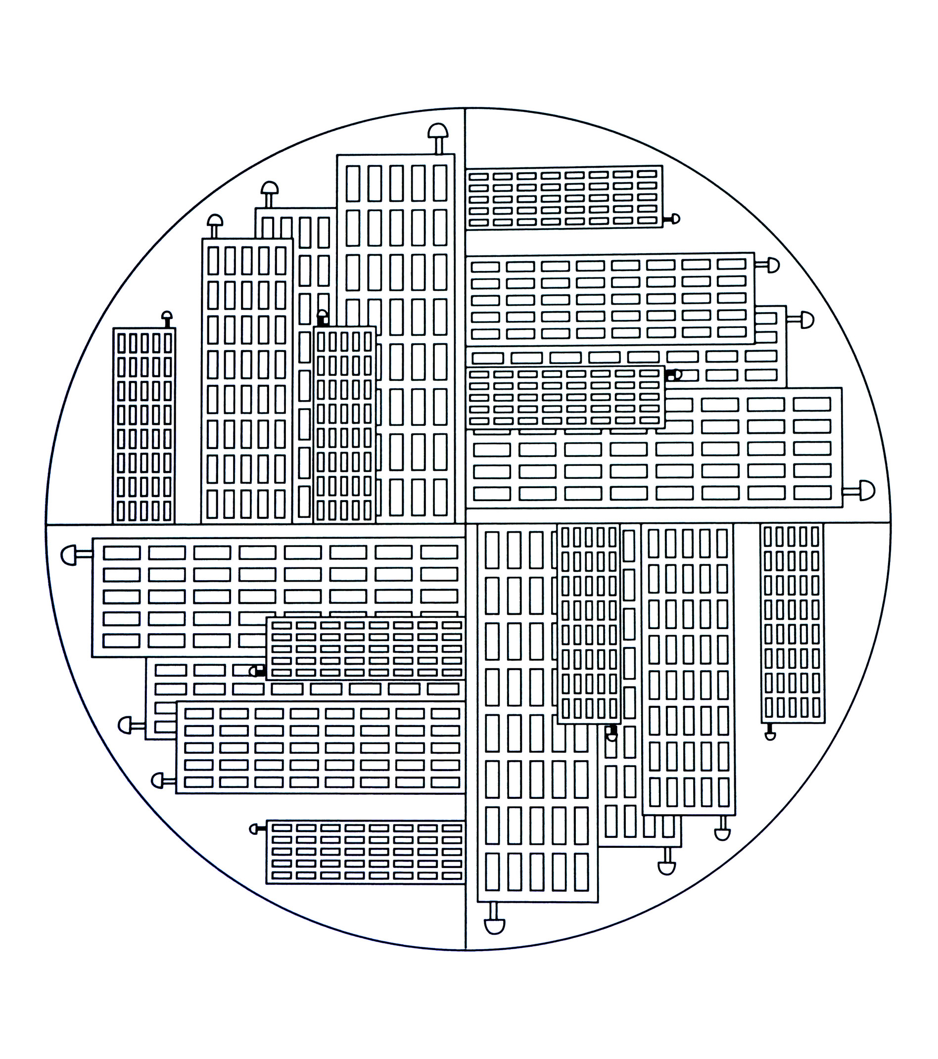 Joli mandala symétrique avec quatre immeubles. Assez simple à colorier .